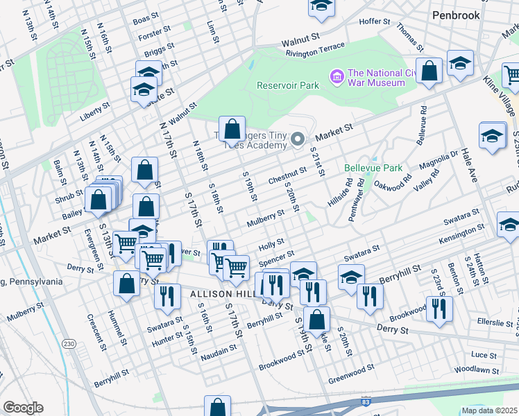 map of restaurants, bars, coffee shops, grocery stores, and more near 1901 Bellevue Road in Harrisburg