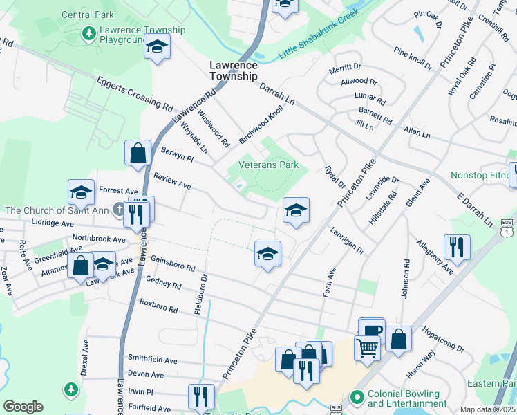 map of restaurants, bars, coffee shops, grocery stores, and more near 81 Berwyn Place in Lawrence Township