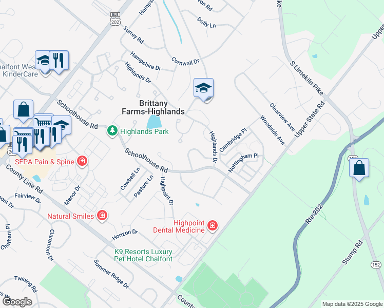 map of restaurants, bars, coffee shops, grocery stores, and more near 218 Prince William Way in Chalfont
