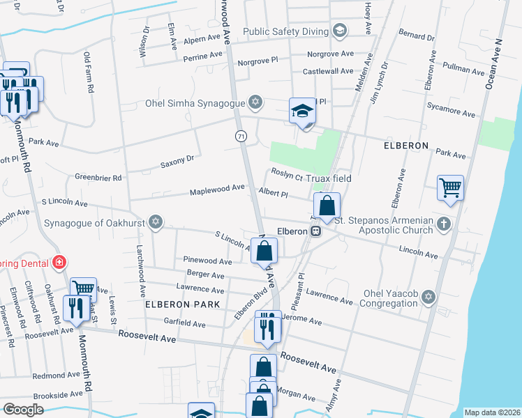 map of restaurants, bars, coffee shops, grocery stores, and more near 1001 Norwood Avenue in Long Branch