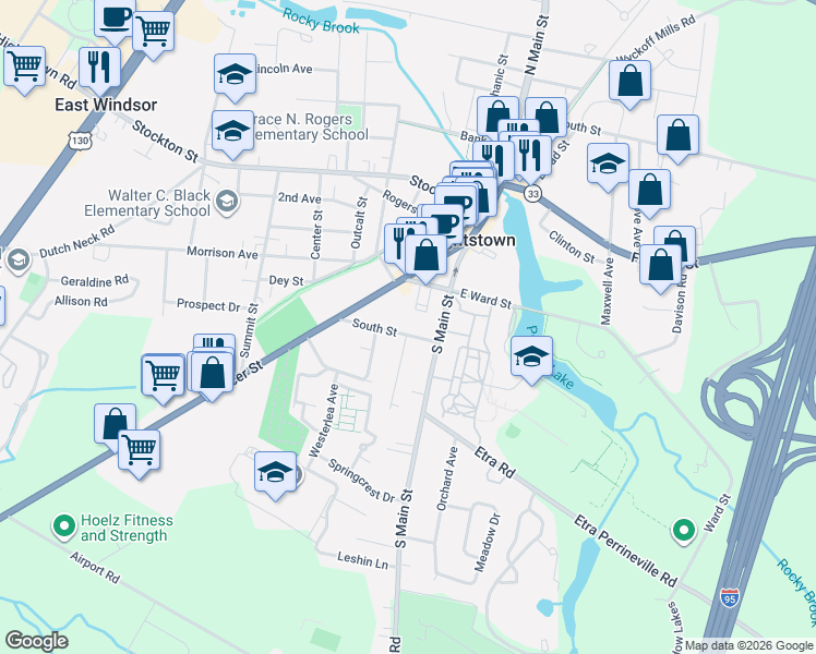 map of restaurants, bars, coffee shops, grocery stores, and more near 125 South Street in Hightstown