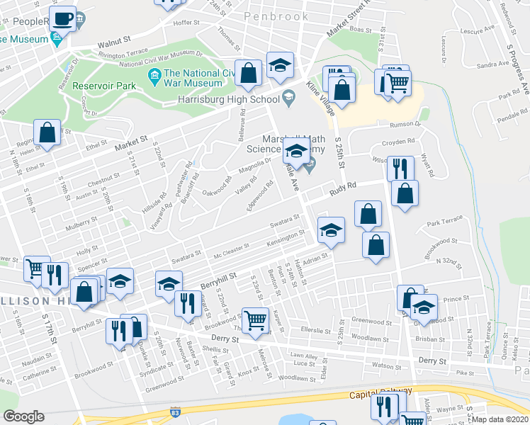 map of restaurants, bars, coffee shops, grocery stores, and more near 2404 Swatara Street in Harrisburg