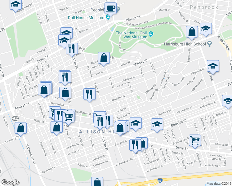 map of restaurants, bars, coffee shops, grocery stores, and more near 1902 Mulberry Street in Harrisburg