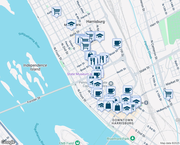 map of restaurants, bars, coffee shops, grocery stores, and more near 825 Susquehanna Street in Harrisburg