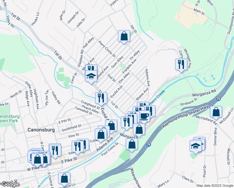 map of restaurants, bars, coffee shops, grocery stores, and more near 421 Duquesne Avenue in Canonsburg