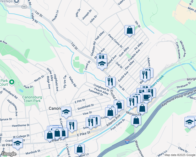 map of restaurants, bars, coffee shops, grocery stores, and more near 327 Giffin Avenue in Canonsburg