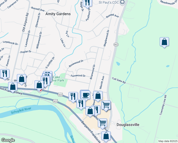 map of restaurants, bars, coffee shops, grocery stores, and more near 740 Nicholson Avenue in Douglassville