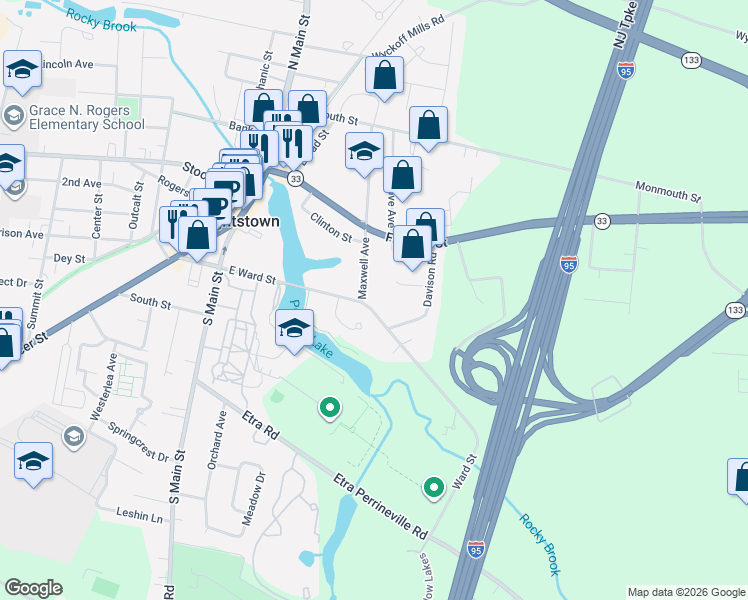 map of restaurants, bars, coffee shops, grocery stores, and more near 109 Armellino Court in Hightstown