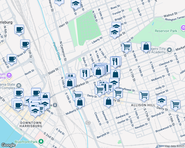 map of restaurants, bars, coffee shops, grocery stores, and more near 1270 Market Street in Harrisburg