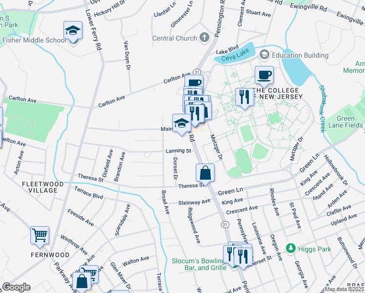 map of restaurants, bars, coffee shops, grocery stores, and more near 10 Lanning Street in Ewing Township