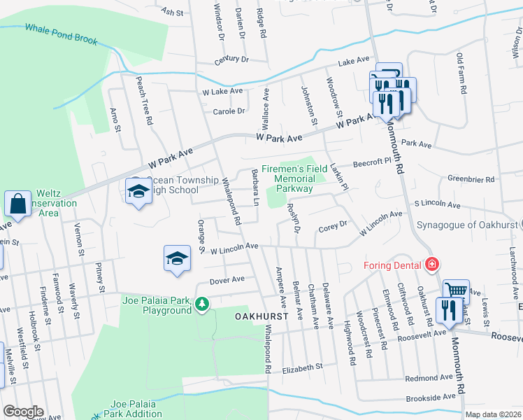 map of restaurants, bars, coffee shops, grocery stores, and more near 9 Barbara Lane in Ocean Township