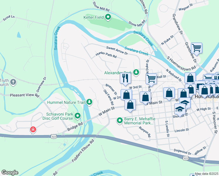 map of restaurants, bars, coffee shops, grocery stores, and more near 112 Brunner Street in Hummelstown