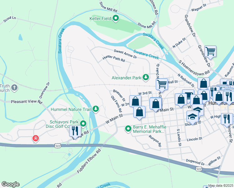 map of restaurants, bars, coffee shops, grocery stores, and more near 112 Brunner Street in Hummelstown
