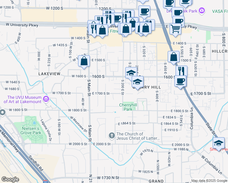 map of restaurants, bars, coffee shops, grocery stores, and more near 147 East 1700 South Street in Orem