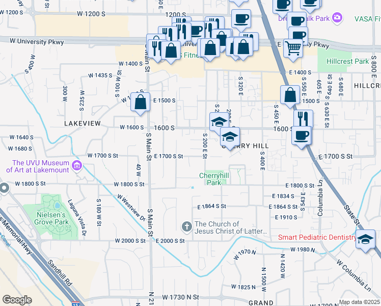 map of restaurants, bars, coffee shops, grocery stores, and more near 147 East 1700 South Street in Orem