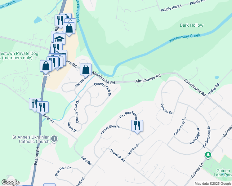 map of restaurants, bars, coffee shops, grocery stores, and more near 703 Green View Lane in Doylestown