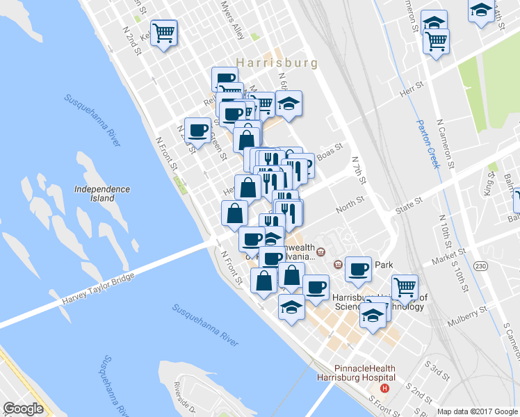 map of restaurants, bars, coffee shops, grocery stores, and more near 909 Green Street in Harrisburg