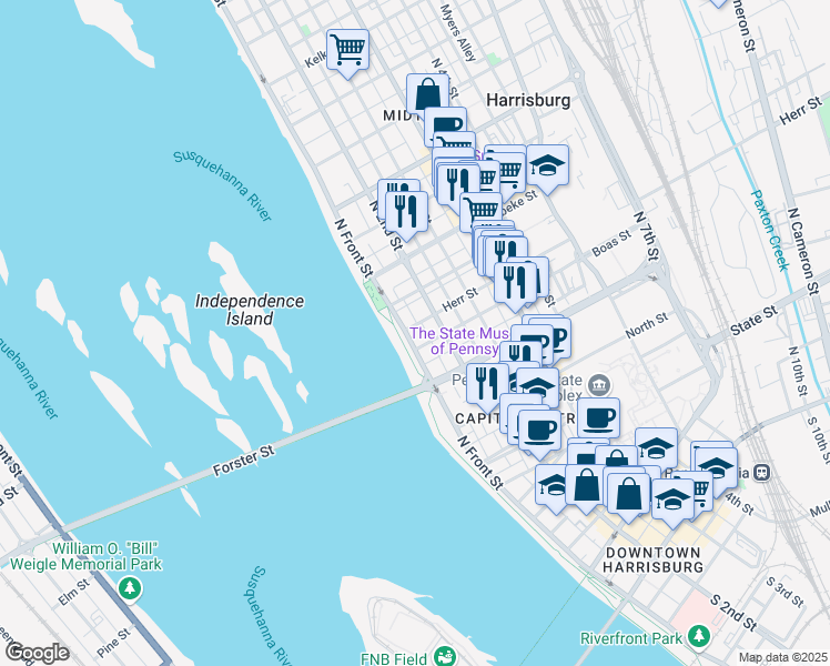 map of restaurants, bars, coffee shops, grocery stores, and more near 1013 North Front Street in Harrisburg