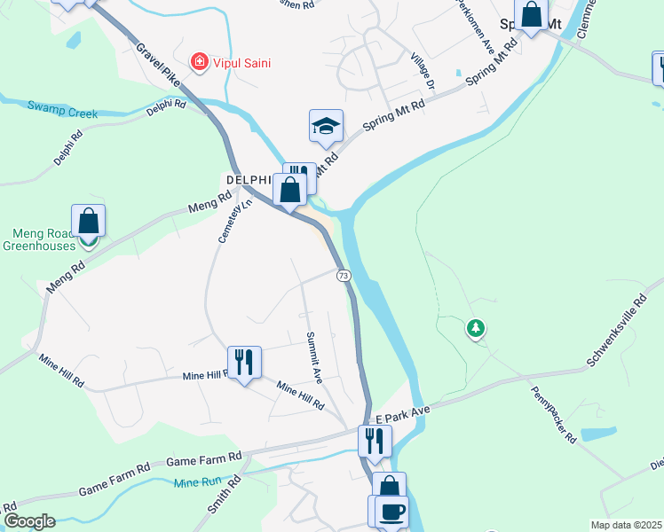 map of restaurants, bars, coffee shops, grocery stores, and more near 1001 Main St in Schwenksville