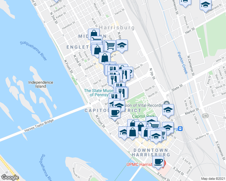 map of restaurants, bars, coffee shops, grocery stores, and more near 264 Forster Street in Harrisburg