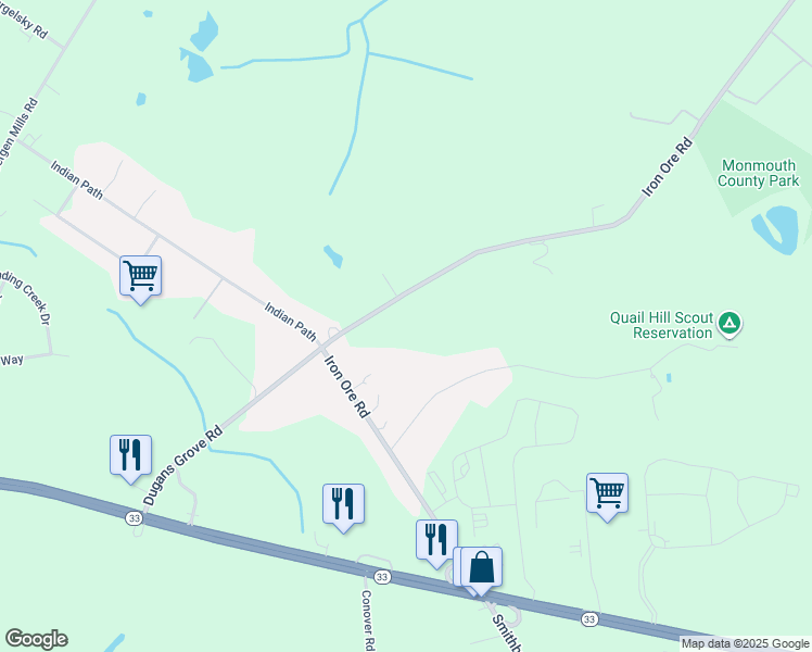 map of restaurants, bars, coffee shops, grocery stores, and more near 48 Iron Ore Road in Manalapan Township