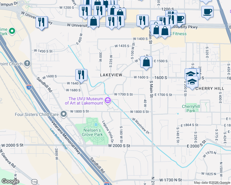 map of restaurants, bars, coffee shops, grocery stores, and more near 1689 South Lakewood Drive in Orem
