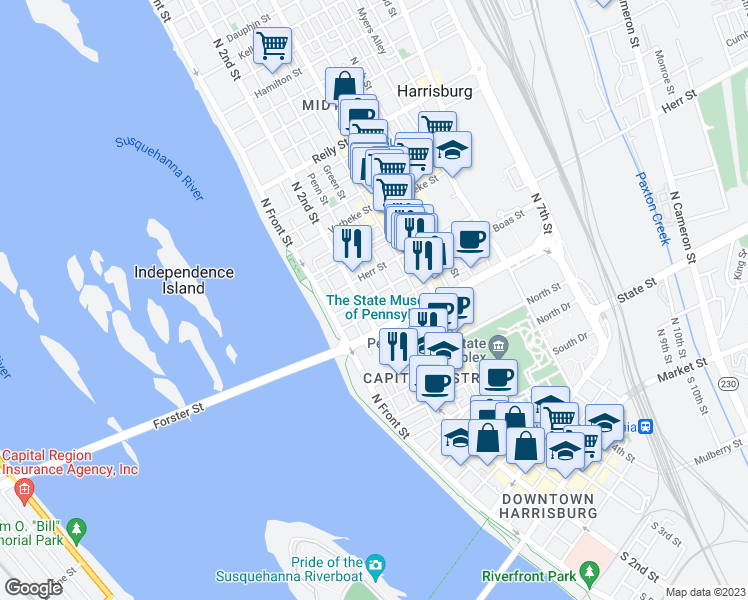 map of restaurants, bars, coffee shops, grocery stores, and more near 211 Boas Street in Harrisburg