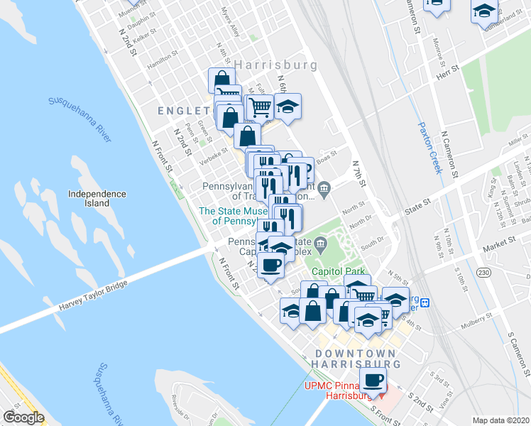map of restaurants, bars, coffee shops, grocery stores, and more near 262 Forster Street in Harrisburg