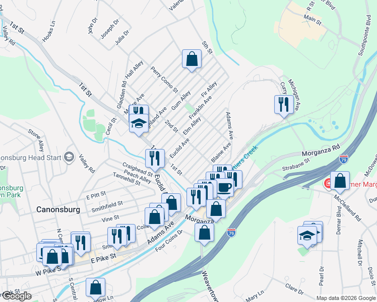 map of restaurants, bars, coffee shops, grocery stores, and more near 421 Duquesne Avenue in Canonsburg