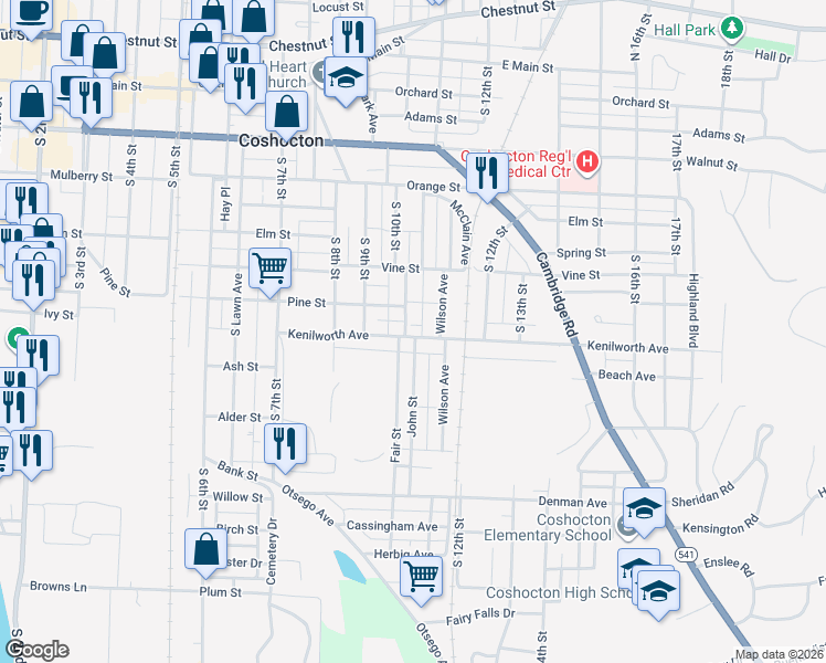 map of restaurants, bars, coffee shops, grocery stores, and more near 989 Kenilworth Avenue in Coshocton