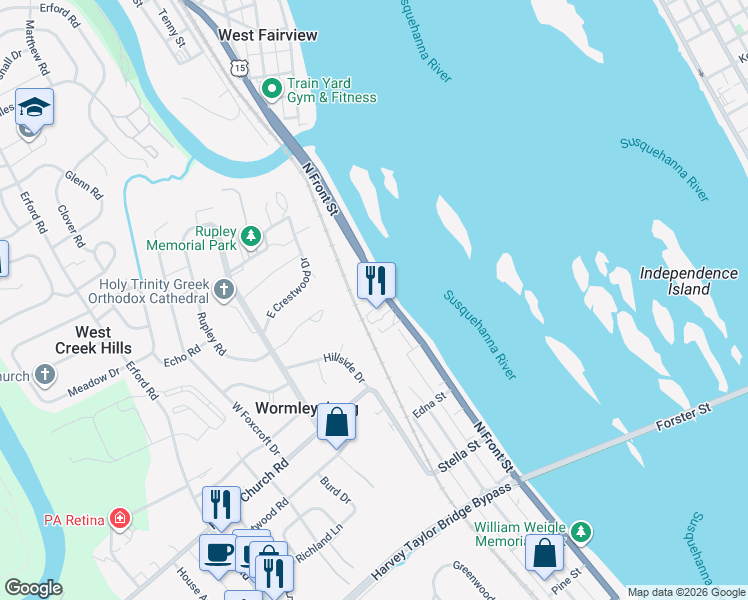 map of restaurants, bars, coffee shops, grocery stores, and more near in Wormleysburg