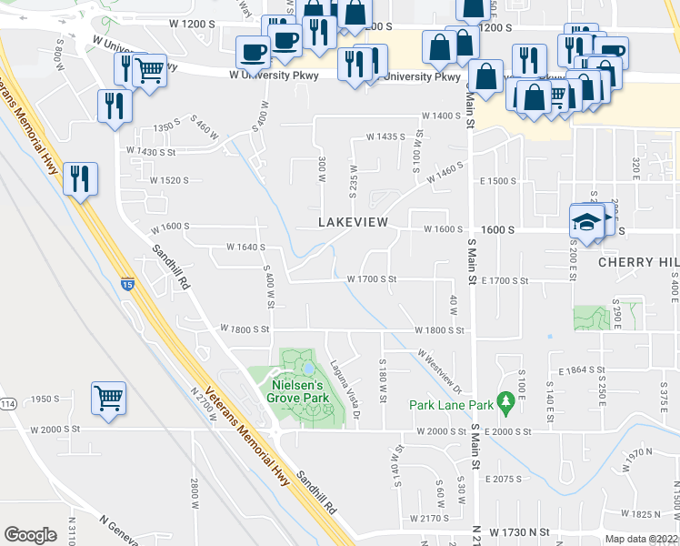 map of restaurants, bars, coffee shops, grocery stores, and more near 1685 South 270 West in Orem