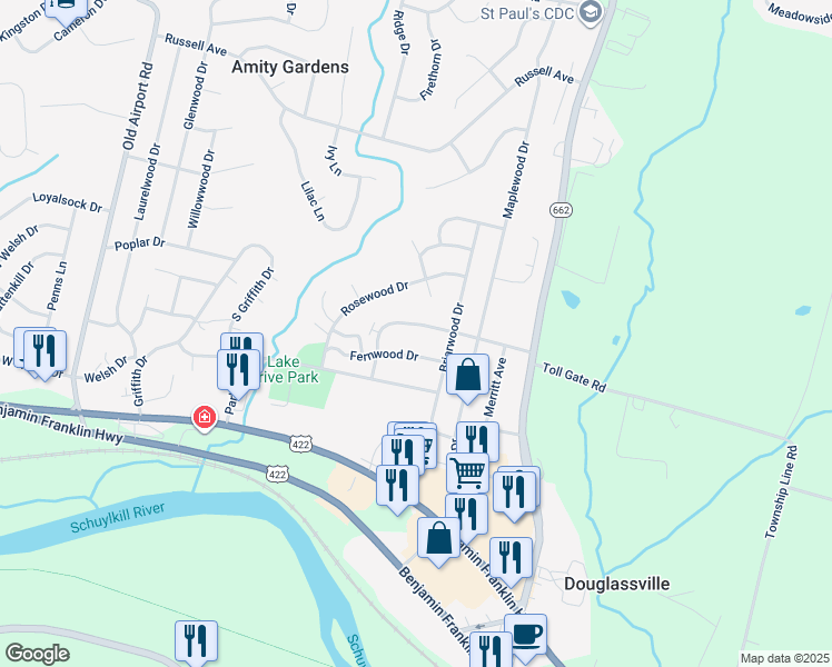 map of restaurants, bars, coffee shops, grocery stores, and more near 736 Nicholson Avenue in Douglassville