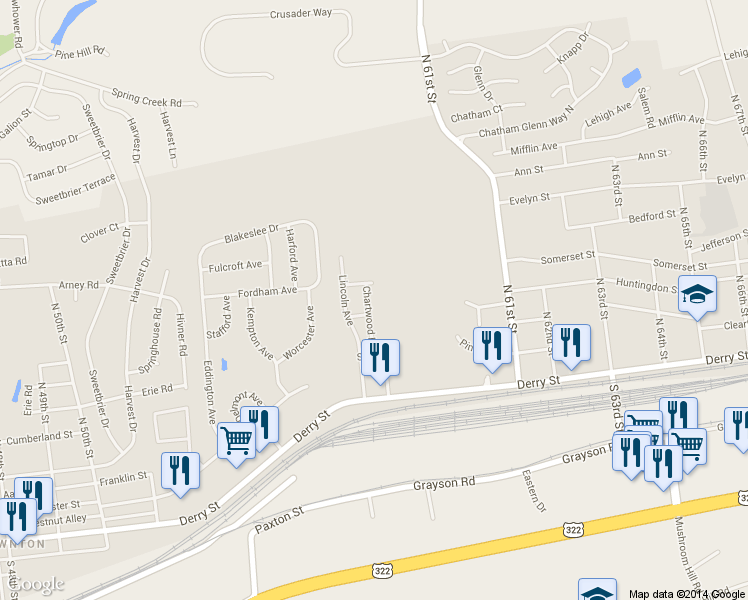 map of restaurants, bars, coffee shops, grocery stores, and more near 263 Chartwood Drive in Harrisburg