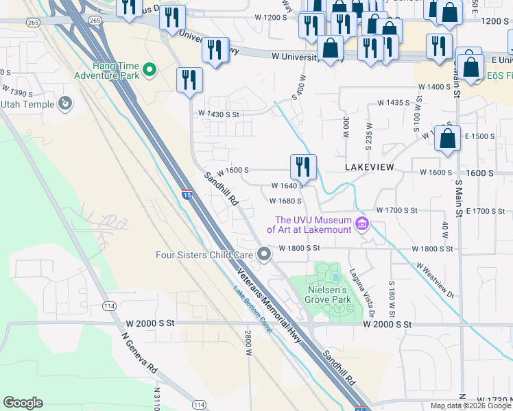 map of restaurants, bars, coffee shops, grocery stores, and more near 1723 Sandhill Road in Orem