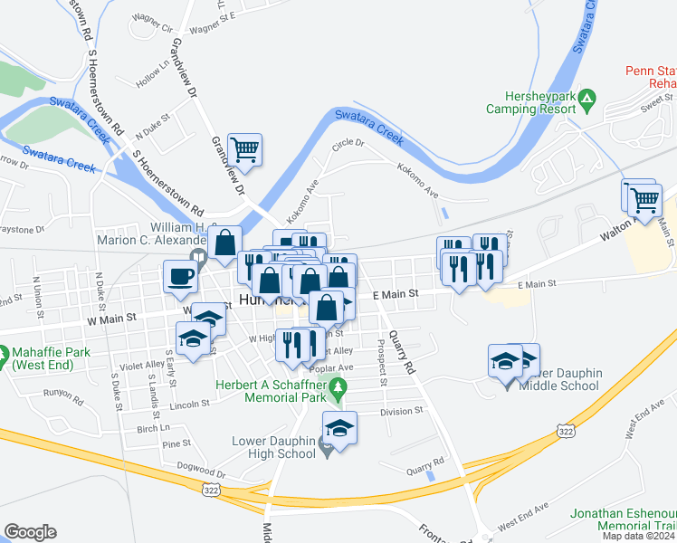 map of restaurants, bars, coffee shops, grocery stores, and more near 106 East Main Street in Hummelstown