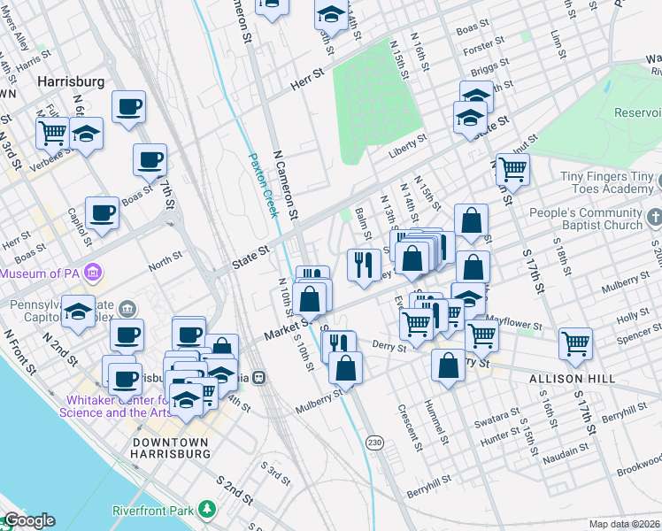 map of restaurants, bars, coffee shops, grocery stores, and more near 1121 Jonestown Road in Harrisburg