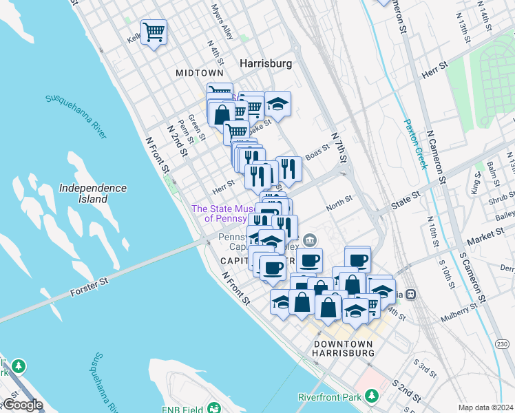 map of restaurants, bars, coffee shops, grocery stores, and more near 825 Susquehanna Street in Harrisburg