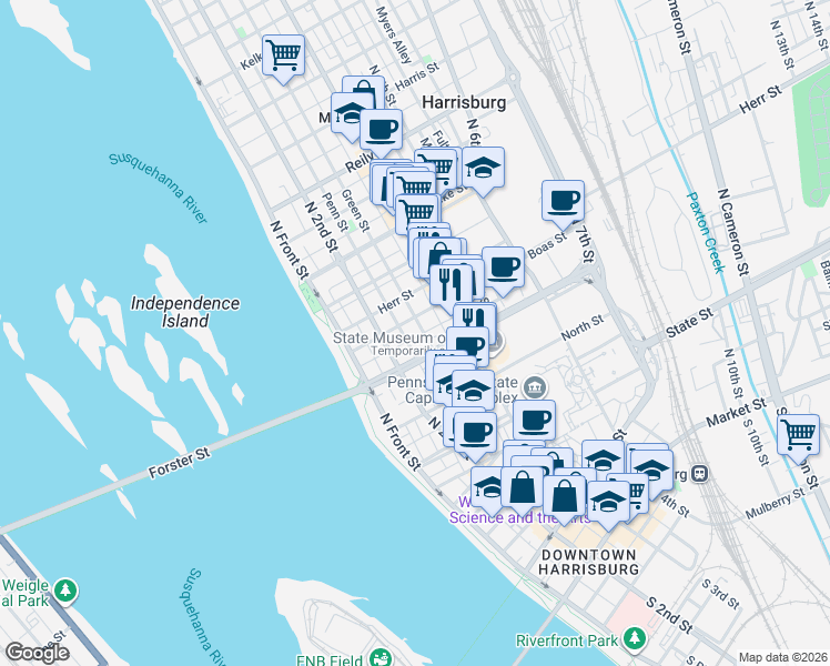 map of restaurants, bars, coffee shops, grocery stores, and more near 220 Forster Street in Harrisburg