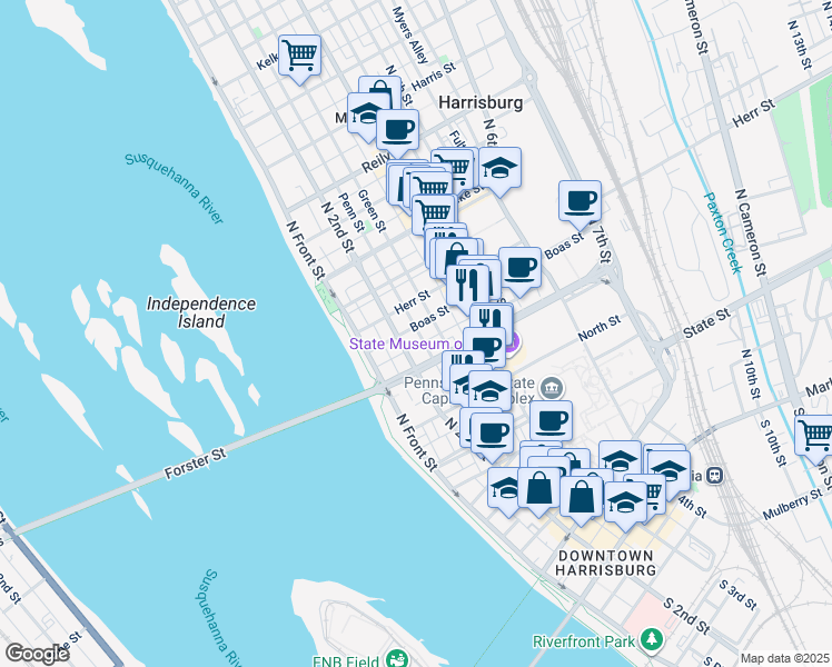 map of restaurants, bars, coffee shops, grocery stores, and more near 220 Forster Street in Harrisburg
