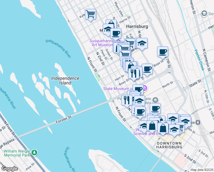 map of restaurants, bars, coffee shops, grocery stores, and more near in Harrisburg