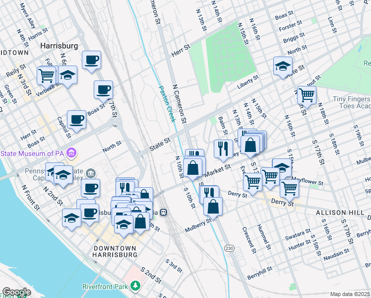map of restaurants, bars, coffee shops, grocery stores, and more near 100 North 10th Street in Harrisburg