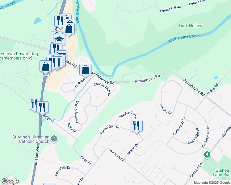 map of restaurants, bars, coffee shops, grocery stores, and more near 703 Green View Lane in Doylestown