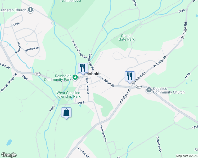 map of restaurants, bars, coffee shops, grocery stores, and more near 67 East Main Street in Reinholds