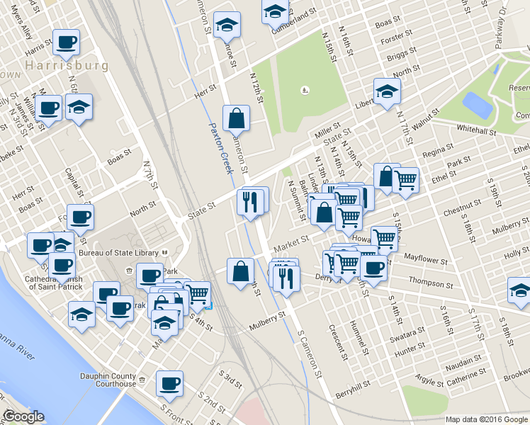 map of restaurants, bars, coffee shops, grocery stores, and more near Hancock Street in Harrisburg