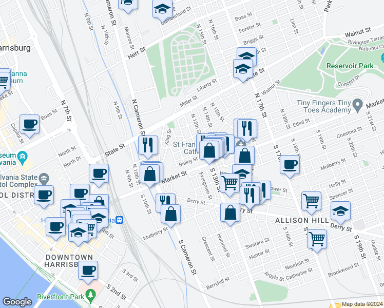 map of restaurants, bars, coffee shops, grocery stores, and more near 23 Balm Street in Harrisburg