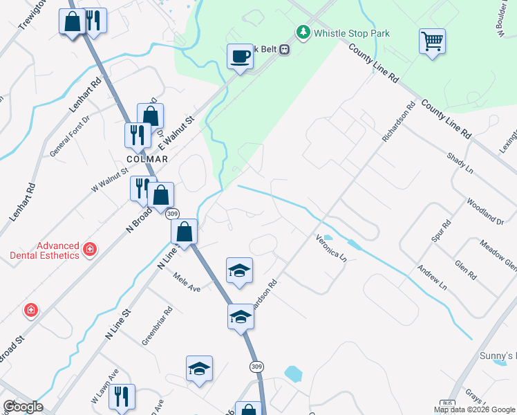 map of restaurants, bars, coffee shops, grocery stores, and more near 118 Briarwood Lane in Lansdale