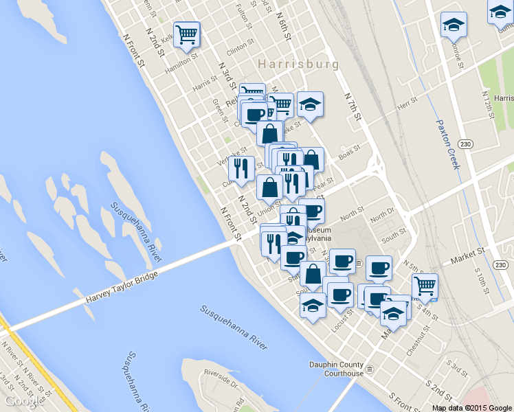 map of restaurants, bars, coffee shops, grocery stores, and more near 215 Boas Street in Harrisburg