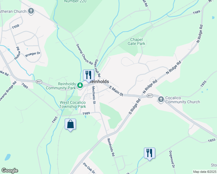 map of restaurants, bars, coffee shops, grocery stores, and more near 73 East Main Street in Reinholds