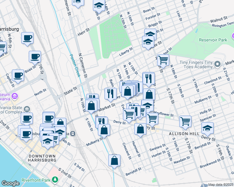 map of restaurants, bars, coffee shops, grocery stores, and more near 23 Balm Street in Harrisburg